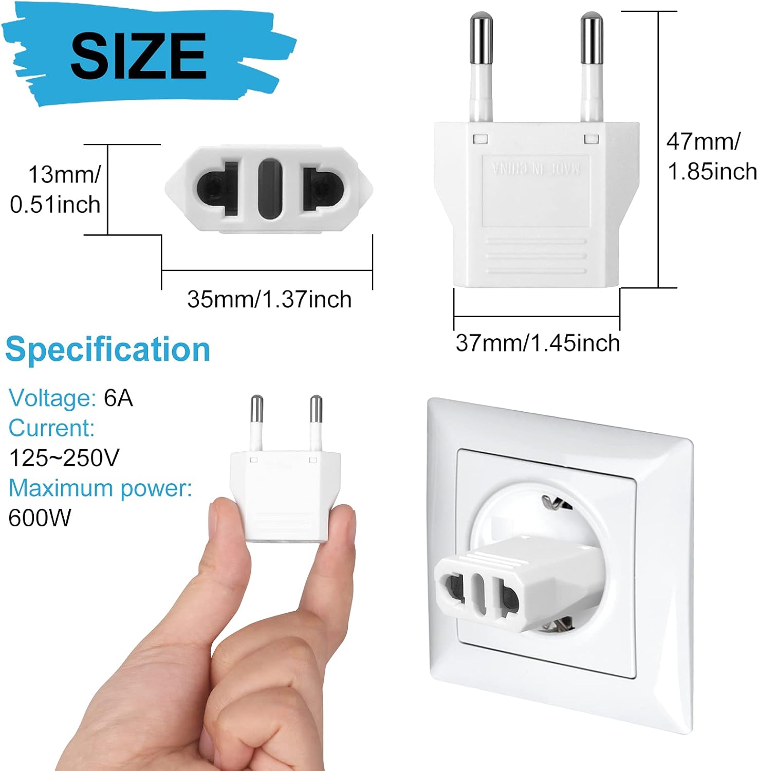 6 Pack US to Europe Plug Adapter - Type C European Travel Adapter, Wall Plug Power Converter for Europe (White) - Image 2