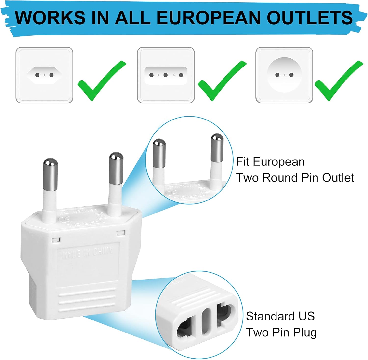 6 Pack US to Europe Plug Adapter - Type C European Travel Adapter, Wall Plug Power Converter for Europe (White) - Image 3