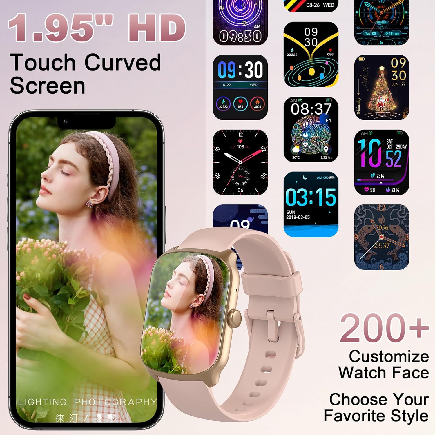 Smart Watch for Men Women, 1.95'' HD Curved Screen Smartwatch(Answer/Make Call), Fitness Tracker with 112 Sport Modes, IP68 Waterproof Fitness Watch with Heart Rate/Sleep Monitor/Pedometer, Pink - Image 4